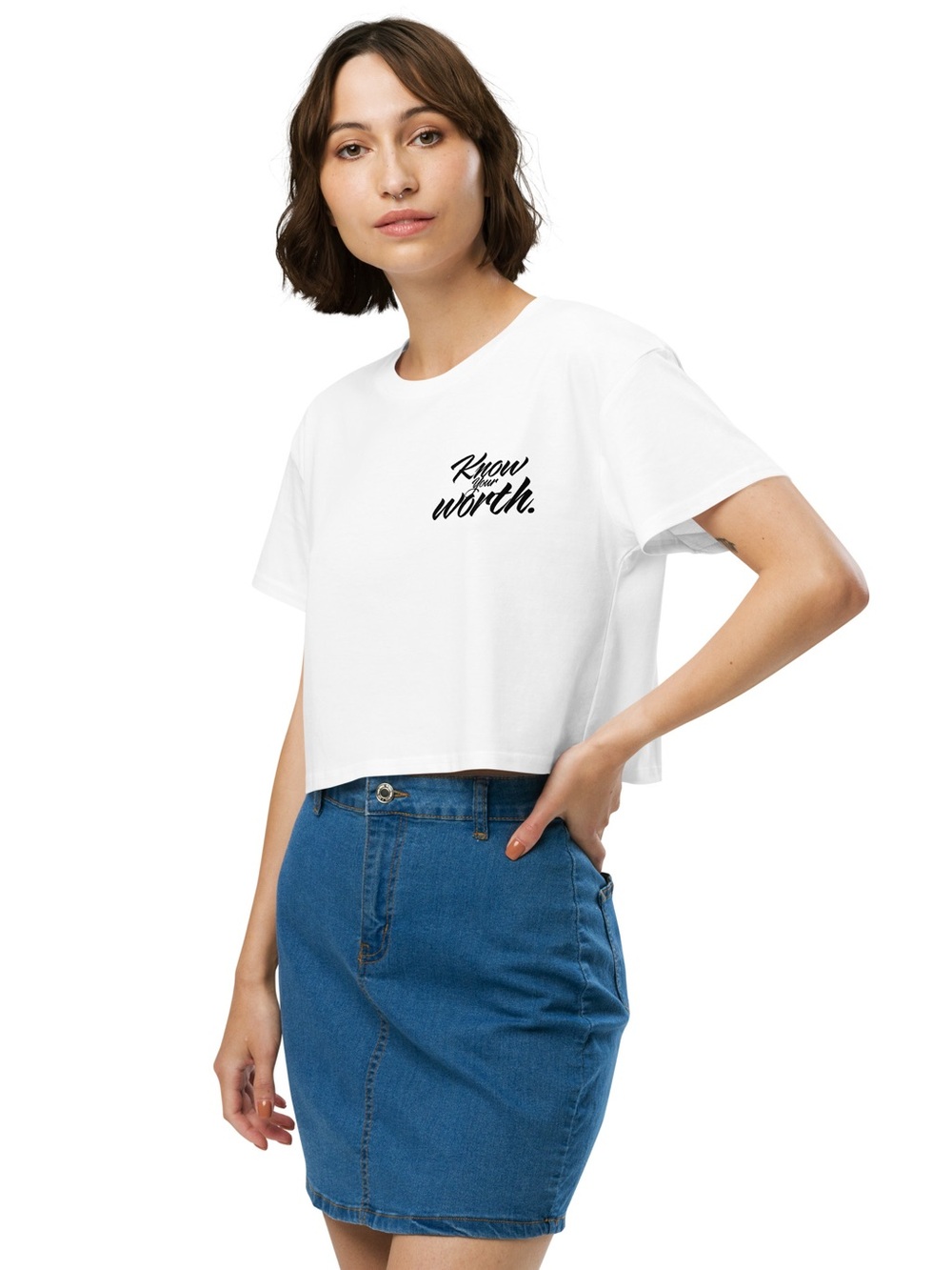 White Cropped Graphic Tee - "Know Your Worth"